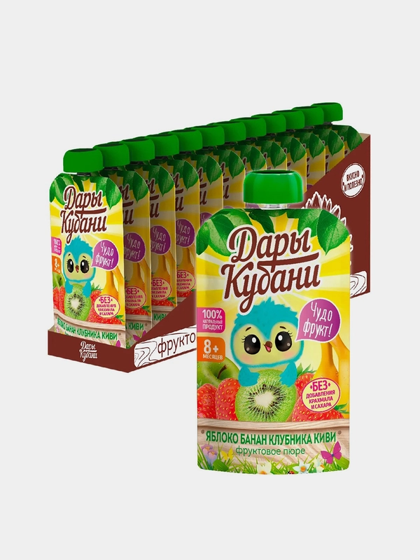 Пюре детское Дары Кубани, из яблок, бананов, клубники и киви, с 8 месяцев, 90г, 12 штук