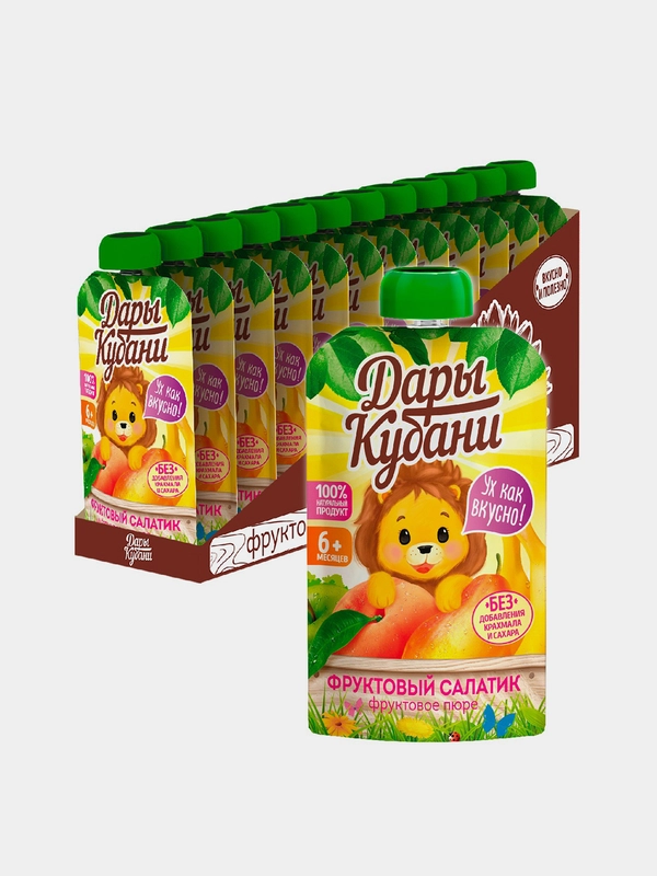 Пюре детское Дары Кубани, из бананов, груши, яблока и персика, с 6 месяцев, 90 г, 12 штук