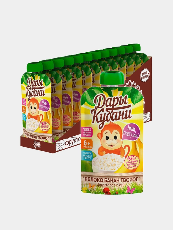 Пюре детское Дары Кубани, из яблок, бананов и творога, с 6 месяцев, 90 г, 12 штук