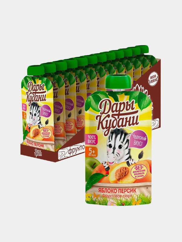 Пюре детское Дары Кубани, из яблок и персиков, без сахара, с 5 месяцев, 90 г, 12 штук