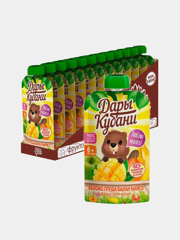 Пюре детское Дары Кубани, из яблок, груши, банана и манго, с 6 месяцев, 90 г, 12 штук