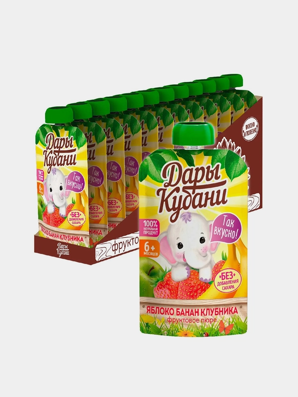 Пюре детское Дары Кубани, из яблок, бананов и клубники, с 6 месяцев, 90 г, 12 штук
