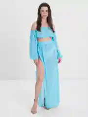 Голубой костюм пляжный летний с топом и юбкой, шифоновый костюм