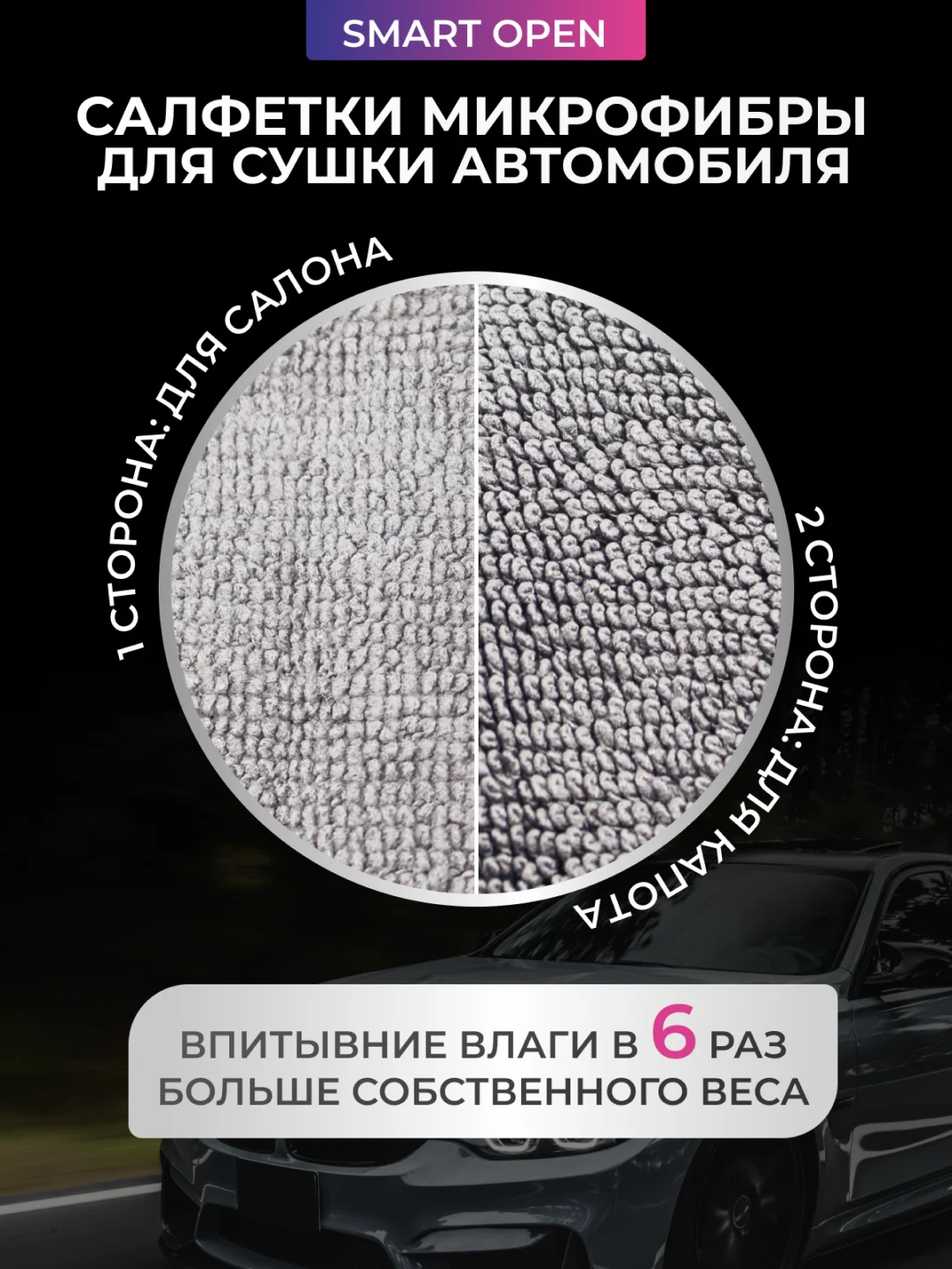 Тряпка для сушки авто, микрофибра, салфетка Smart Open mini Big Fiber 2шт 30 х 40 см