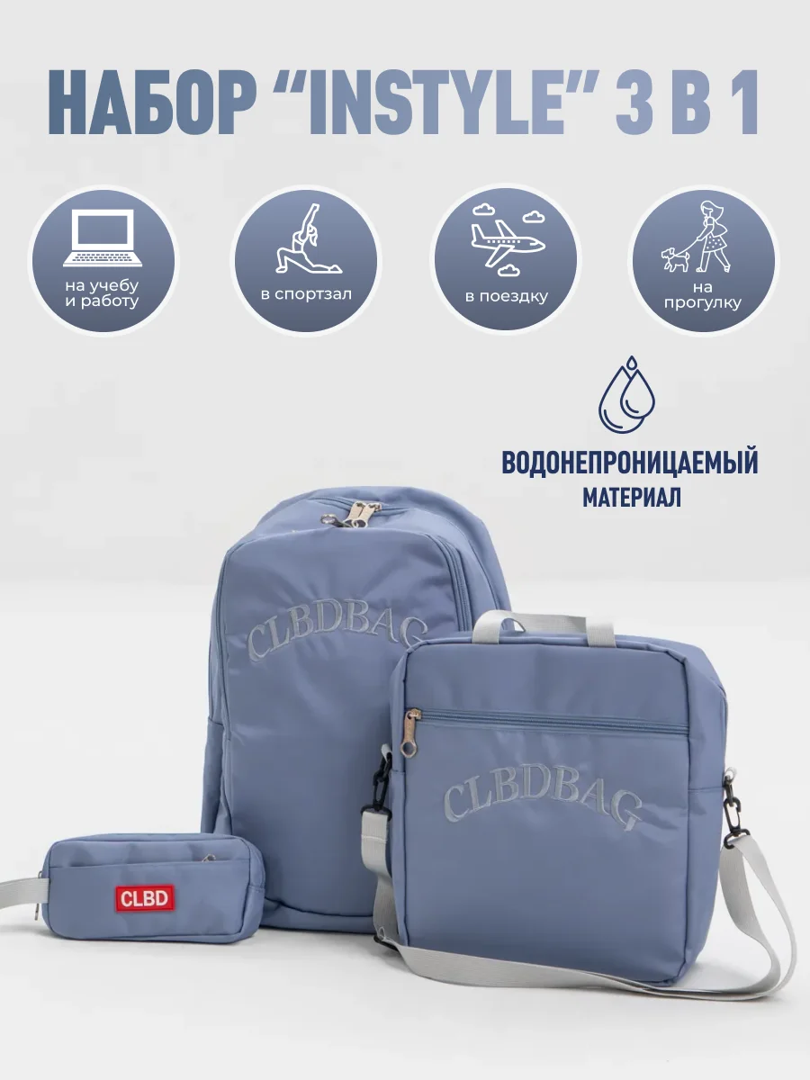 Голубой рюкзак школьный, подростковый , в институт, портфель "InStyle", комплект 3 в 1