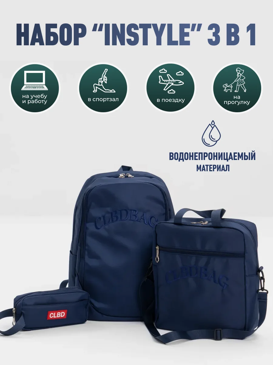 Синий рюкзак школьный, подростковый , в институт, портфель "InStyle", комплект 3 в 1