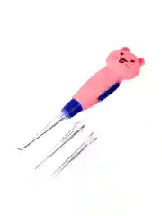 Розовый палочка для чистки ушей , LED-подсветка, 3 насадки, от батареек, кошечка,лягушка, пёсик