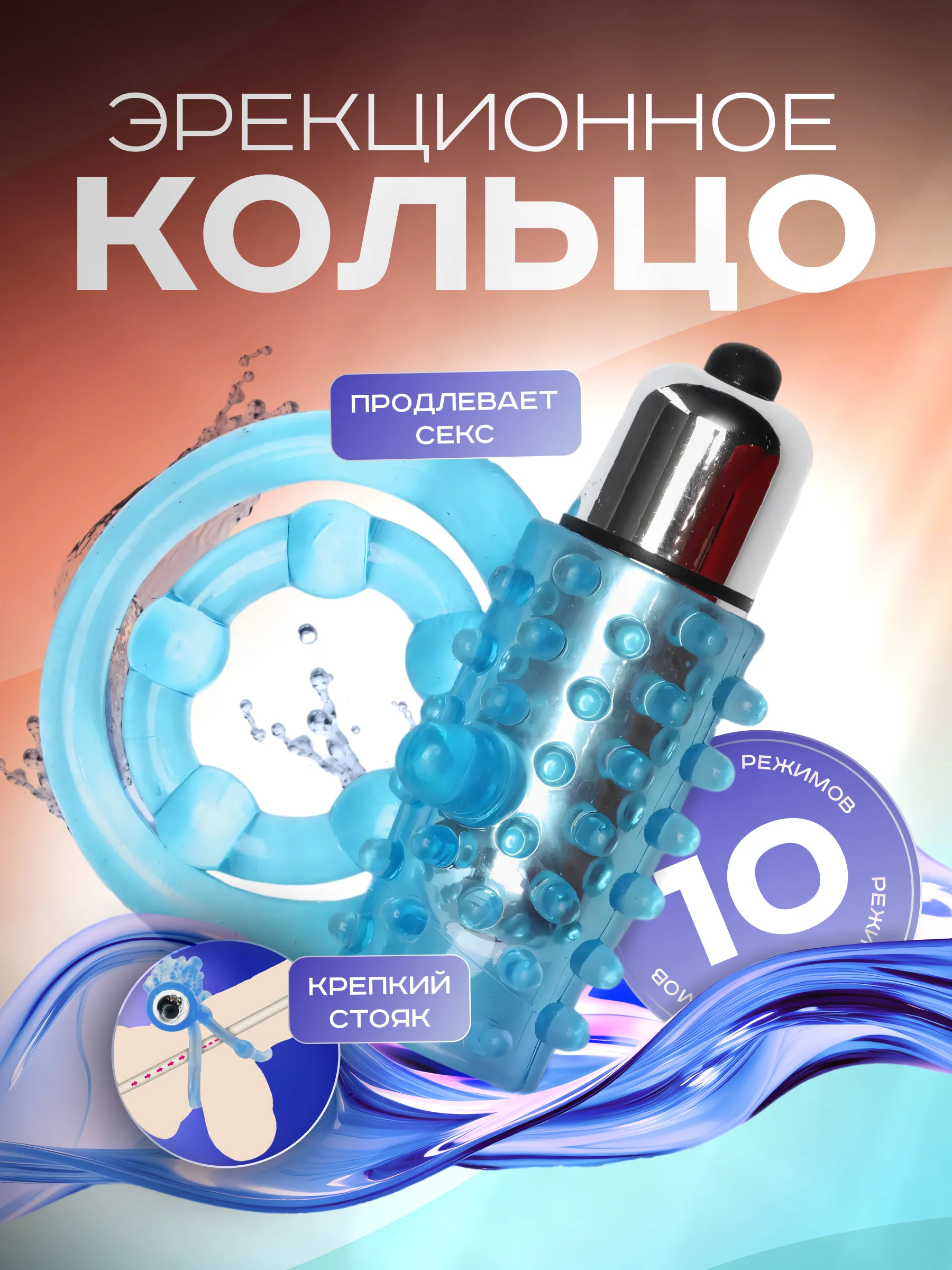 Синий двойное виброкольцо, эрекционное кольцо с вибрацией на пенис и мошонку, стимуляция клитора