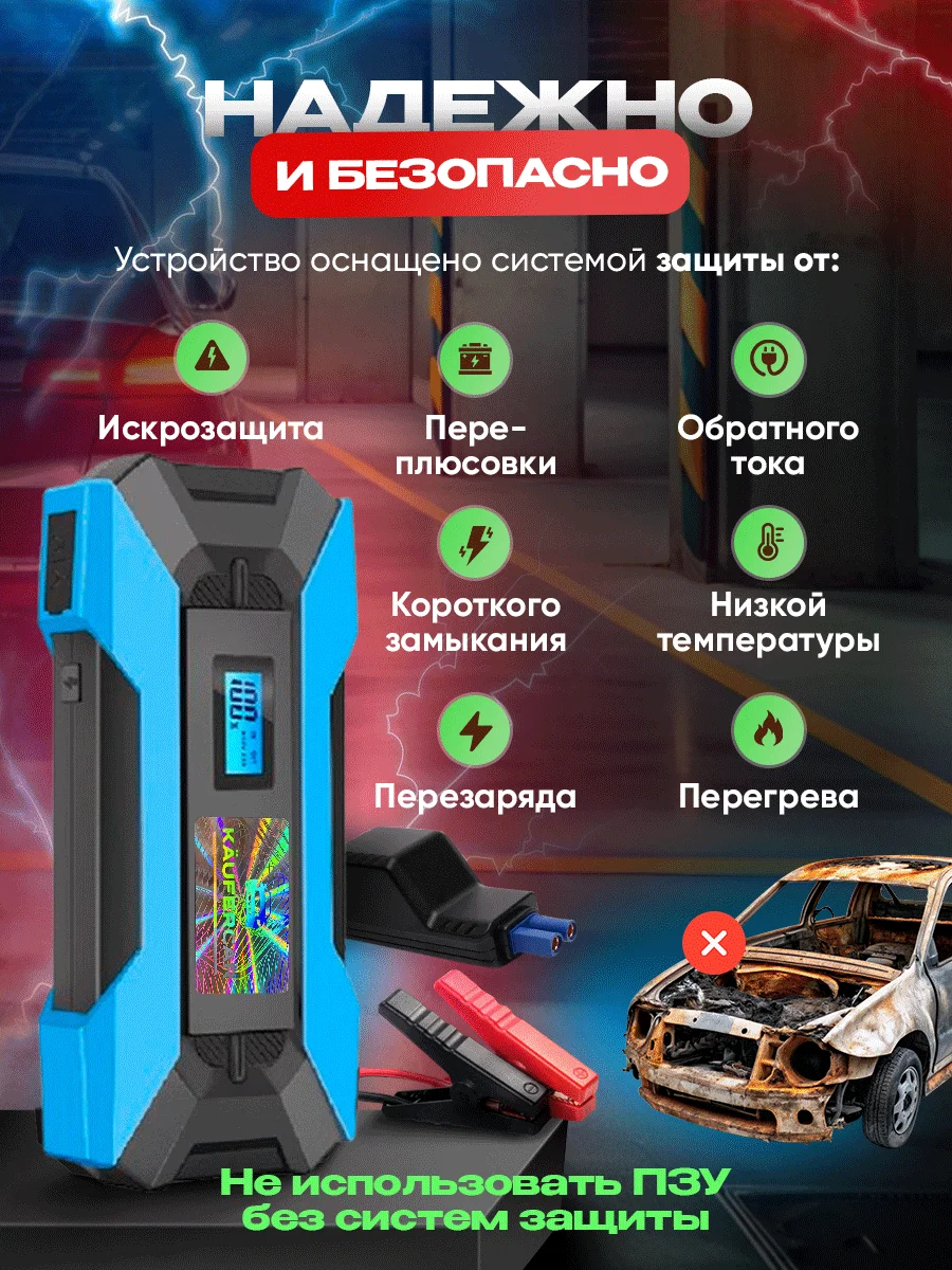 Синий пусковое зарядное устройство для автомобиля Jump Starter, 12000 мАч, PRO версия