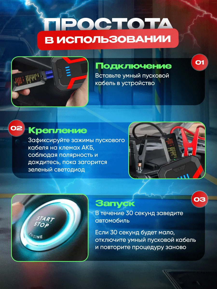 Синий пусковое зарядное устройство для автомобиля Jump Starter, 12000 мАч, PRO версия