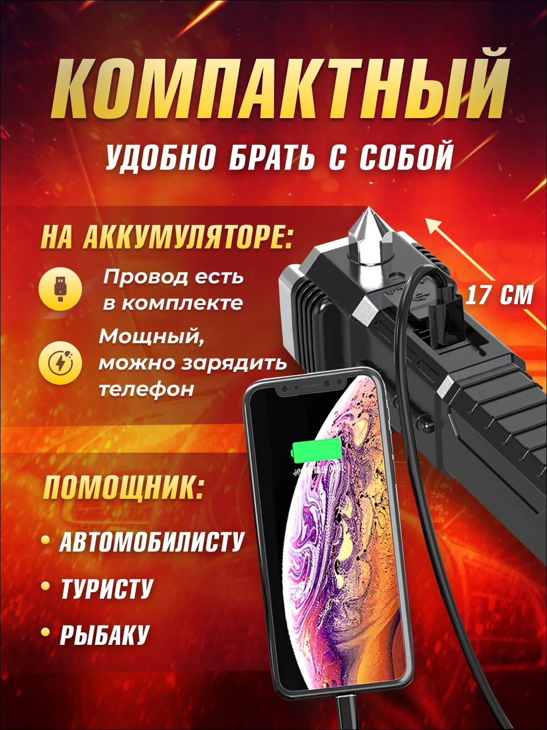 Фонарик аккумуляторный, фонарь кемпинговый, многофункциональный, ручной, USB, Power Bank