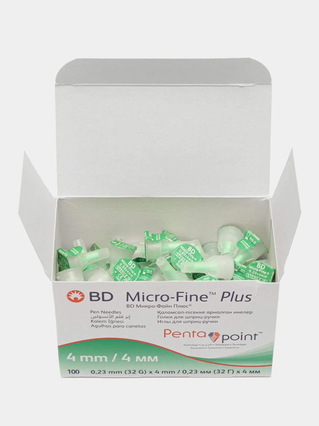 Иглы для шприц-ручек BD Micro-Fine Plus, 32G, длина 4 мм, толщина 0,23 мм, 100 штук
