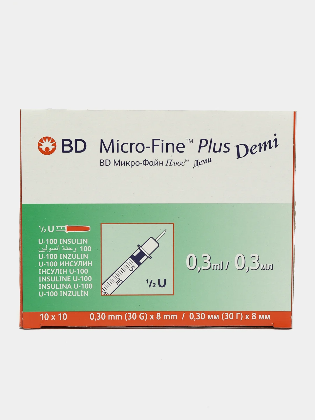Шприц инсулиновый BD Micro-Fine Plus Demi, 0,3 мл, U-100, 30G, 100 штук, медицинский