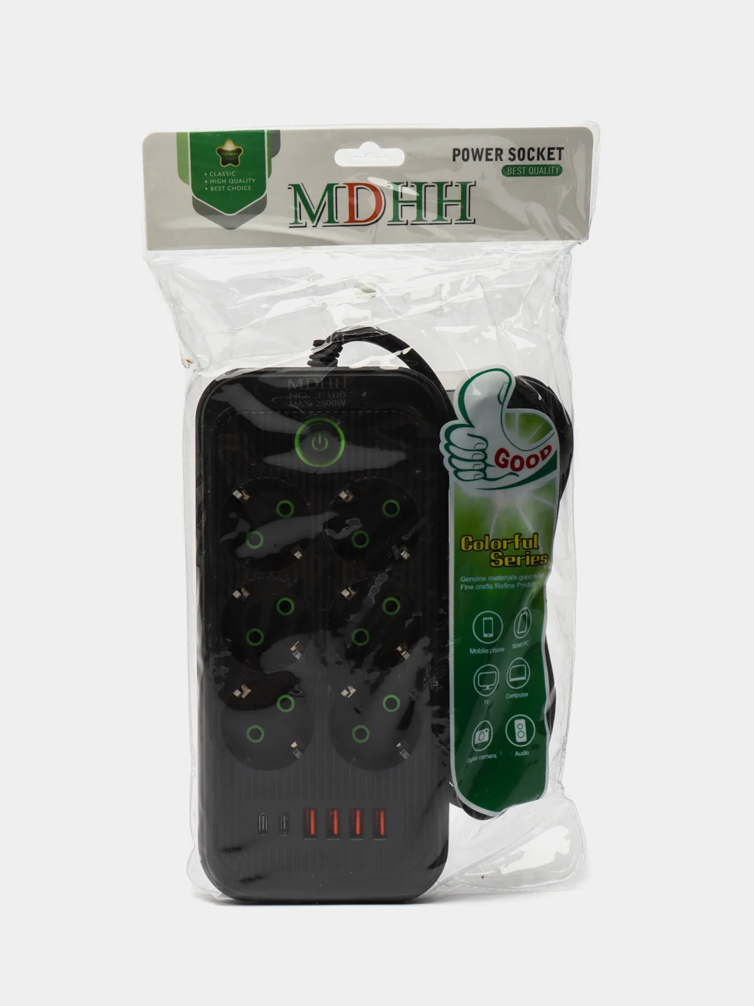 Черный сетевой фильтр, удлинитель, пилот 6 EU, 4 USB, 2 type-C