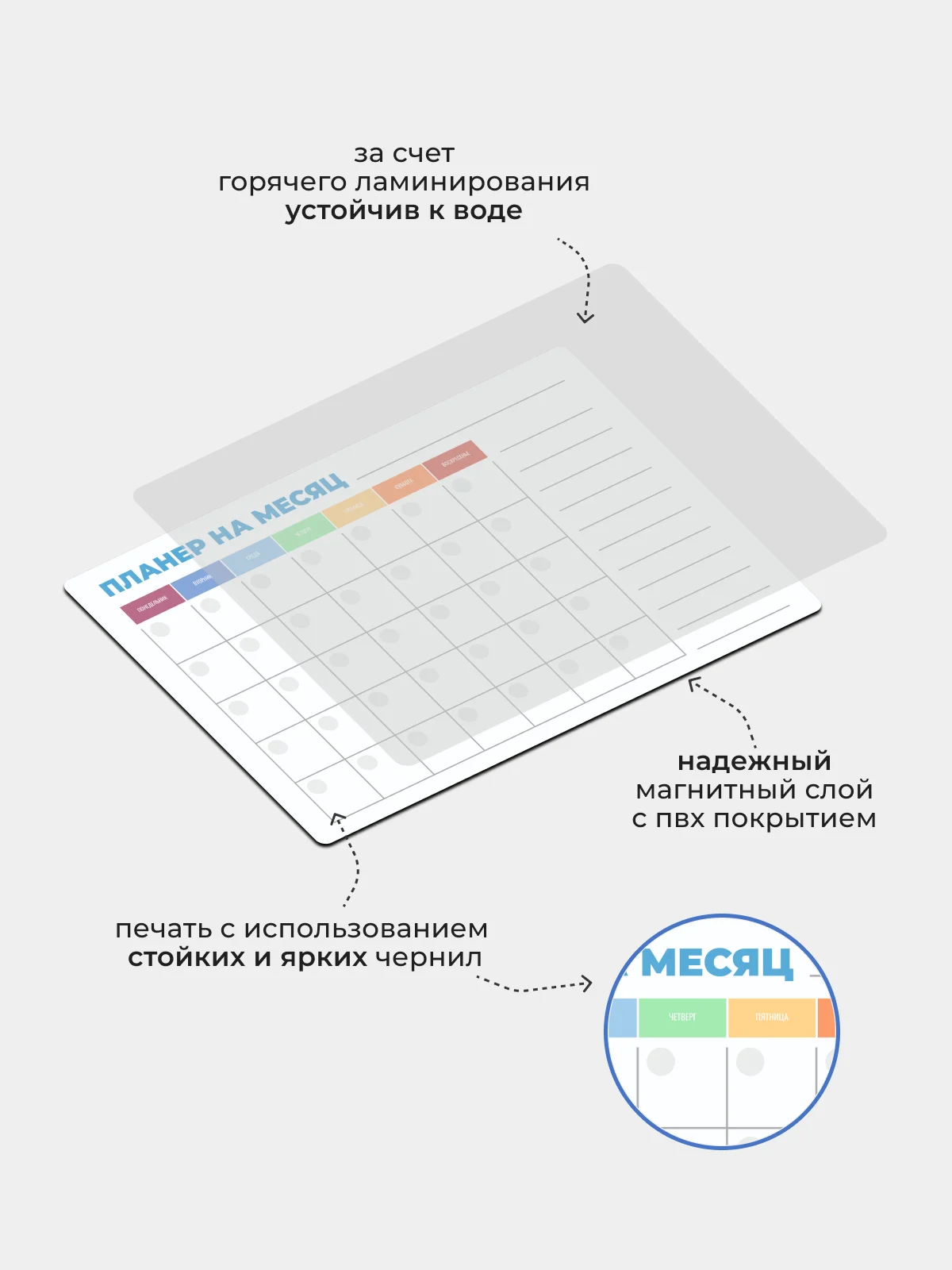 Планер магнитный на месяц "Радуга" с маркером на водной основе и магните на холодильник