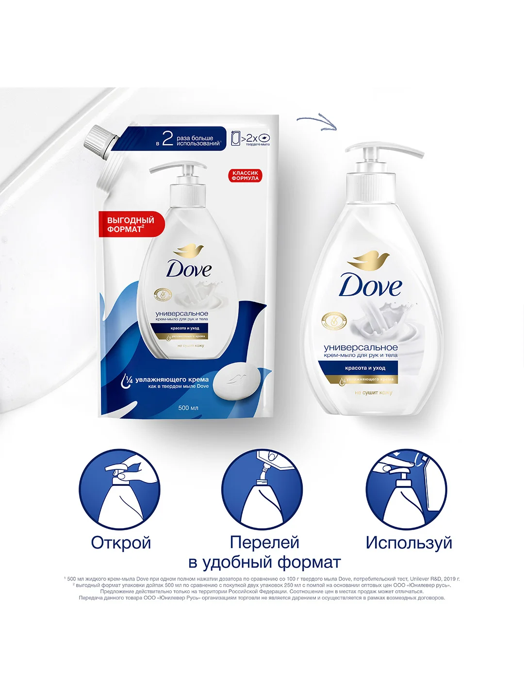 Жидкое крем-мыло Dove красота и уход с 1/4 увлажняющего крема, 500 мл, 2 шт