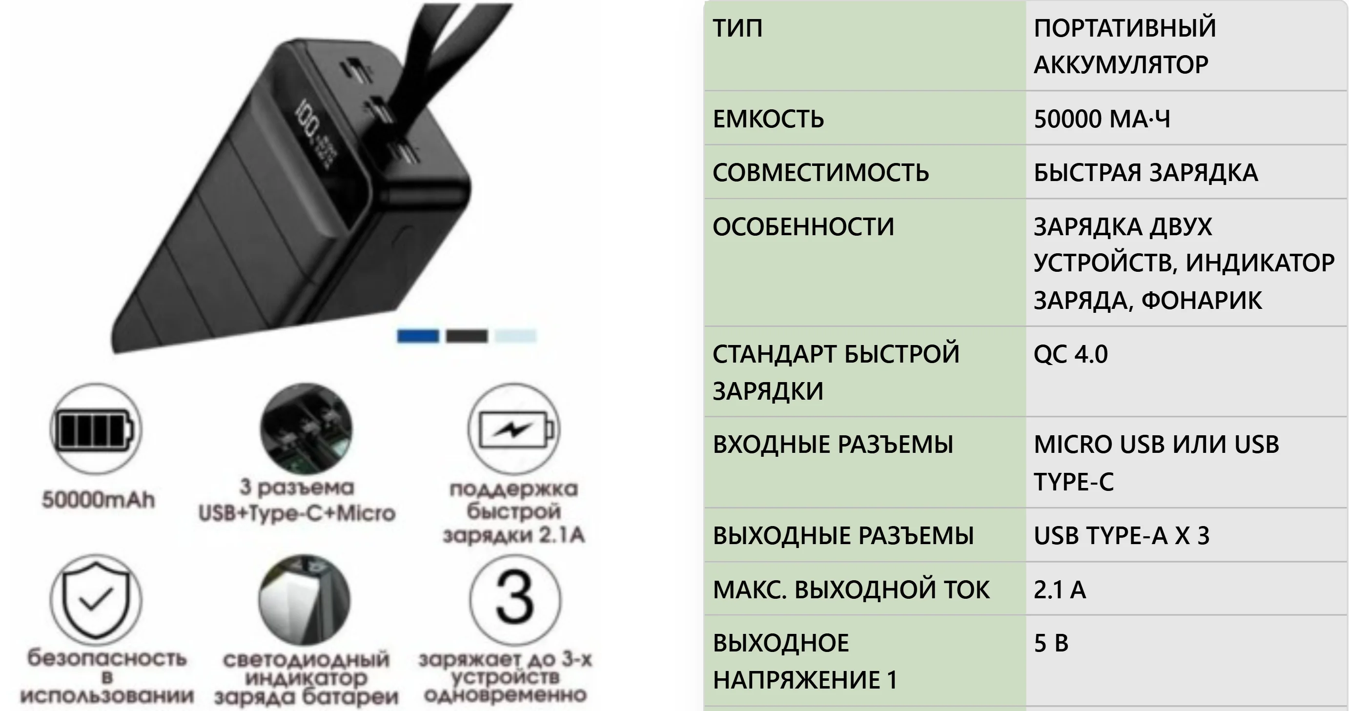 Белый power Bank с поддержкой QC3.0, 22,5 Вт, 100.000/ 90.000/ 80000 / 60000 / 50000 / 30000 мАч