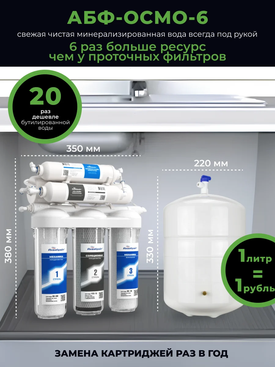 Фильтр для воды Аквабрайт "ОСМО-6", под мойку, шестиступенчатый, c обратным осмосом