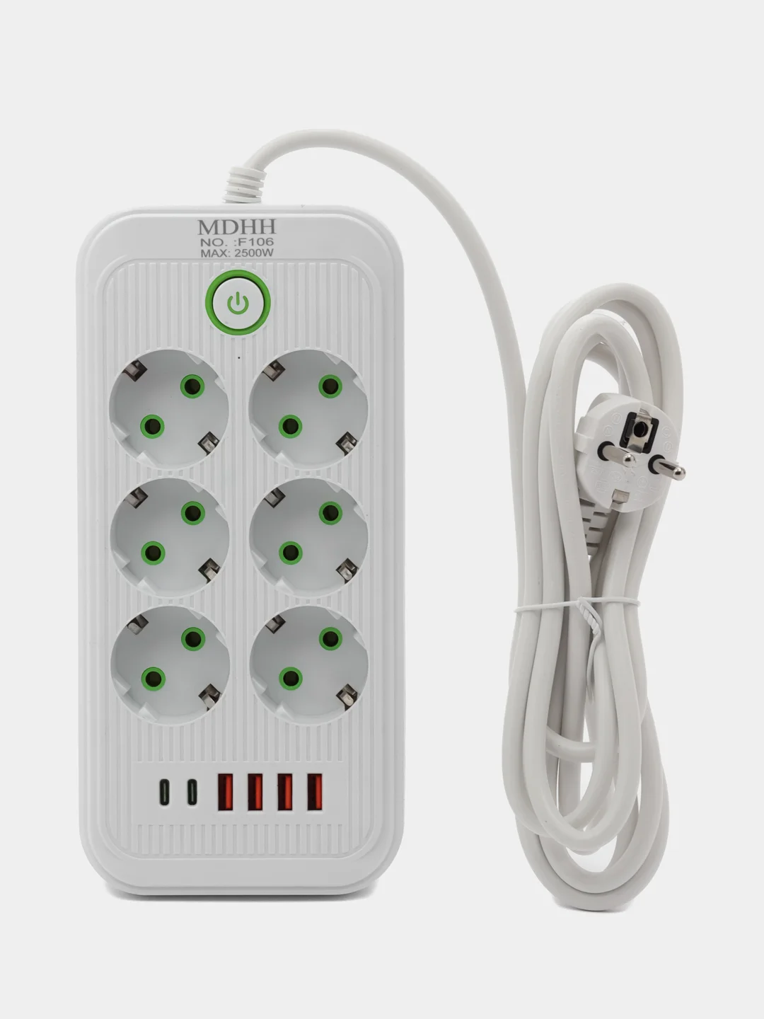 Белый сетевой фильтр, удлинитель, пилот 6 EU, 4 USB, 2 type-C