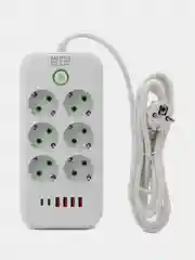 Белый сетевой фильтр, удлинитель, пилот 6 EU, 4 USB, 2 type-C