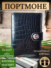 Черный портмоне мужское, кожаное для паспорта и автодокументов