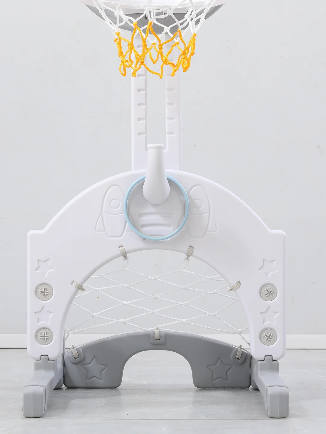 Баскетбольная стойка UNIX Kids Space Grey 4 в 1 с хоккейными и футбольными воротами