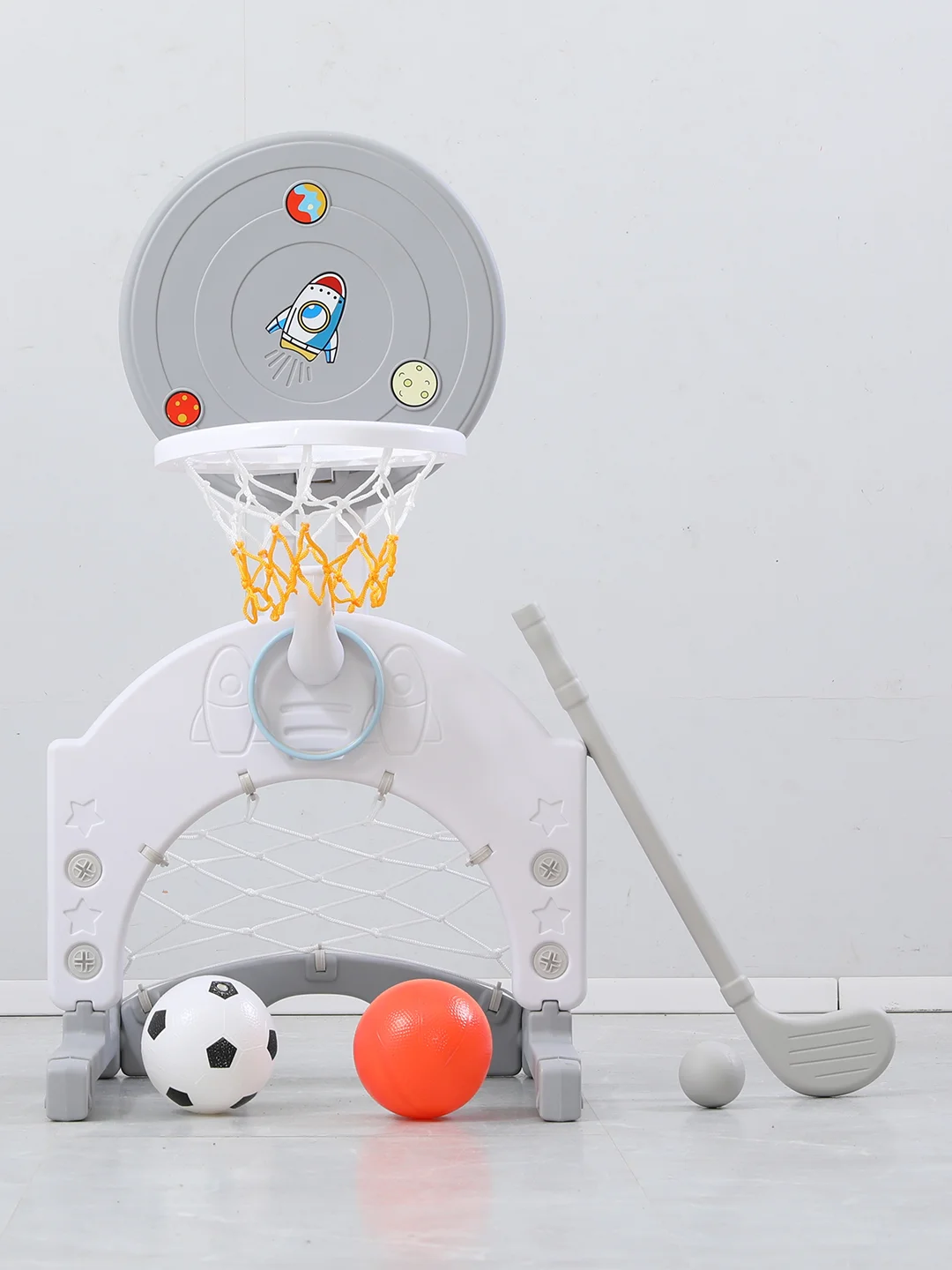 Баскетбольная стойка UNIX Kids Space Grey 4 в 1 с хоккейными и футбольными воротами