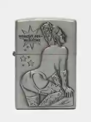 Серый металлик зажигалка бензиновая с рельефным рисунком девушки