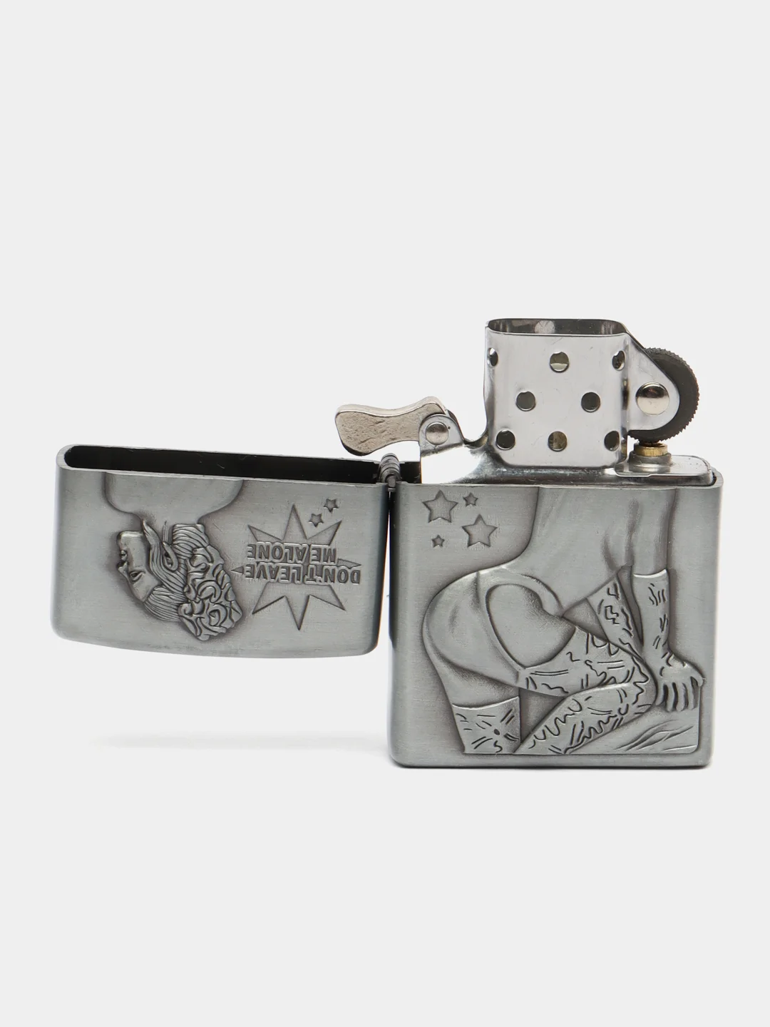 Серый металлик зажигалка бензиновая с рельефным рисунком девушки