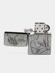 Серый металлик зажигалка бензиновая с рельефным рисунком девушки