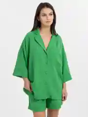 Костюм женский летний льняной/ Костюм с рубашкой и шортами, оверсайз,зеленый