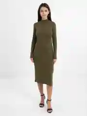 Приглушённый хаки платье женское макси, с длинным рукавом