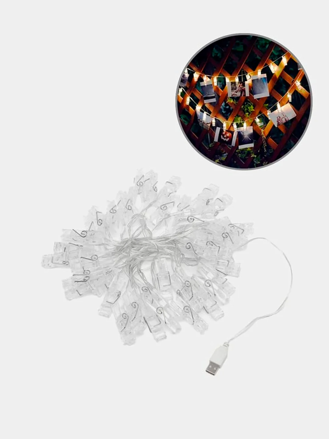 Светодиодная гирлянда с прищепками для фотографий, на USB и батарейках