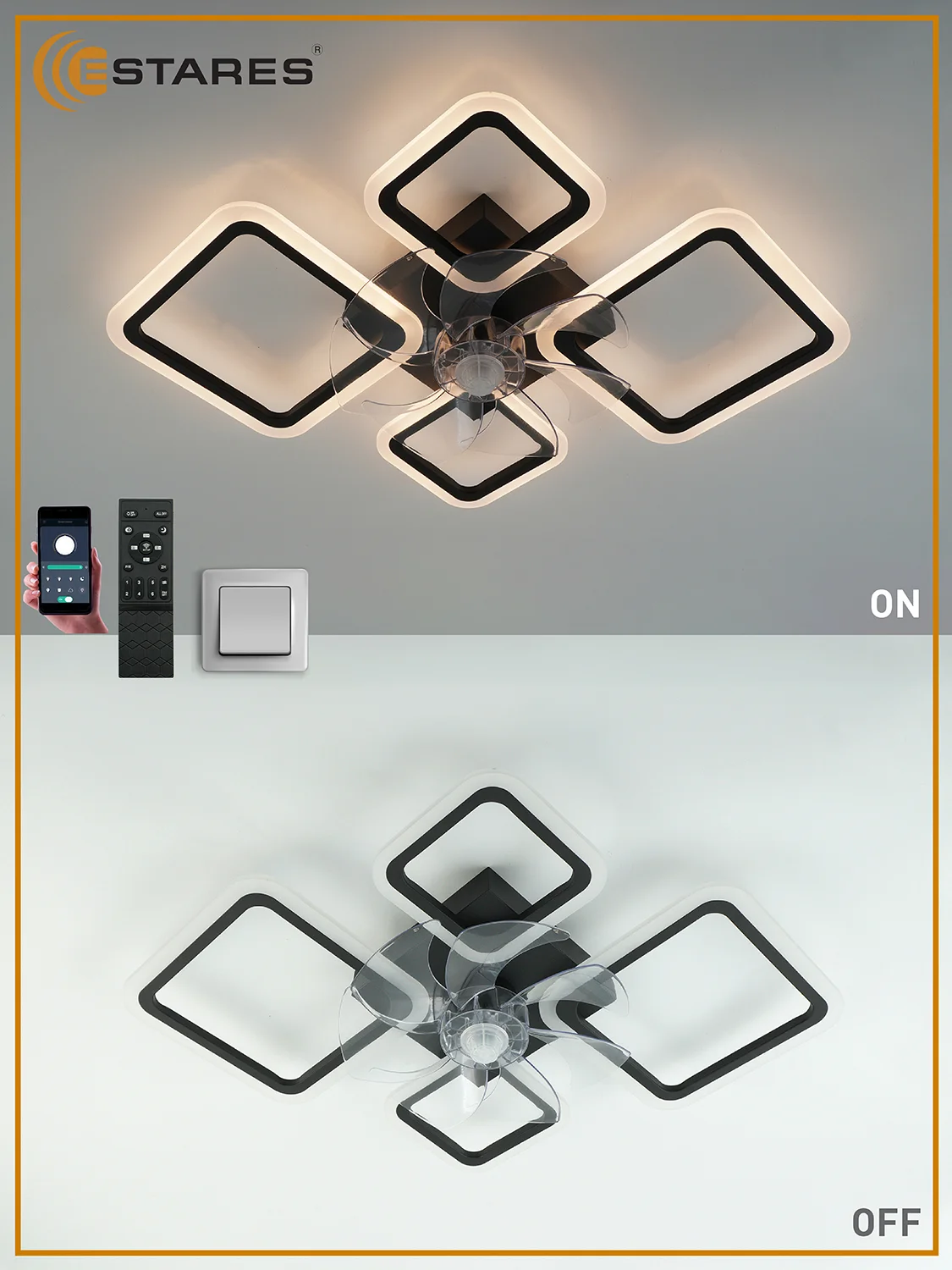 Управляемая потолочная люстра светодиодная с пультом Estares  FAN OVAL 70W+18W черная
