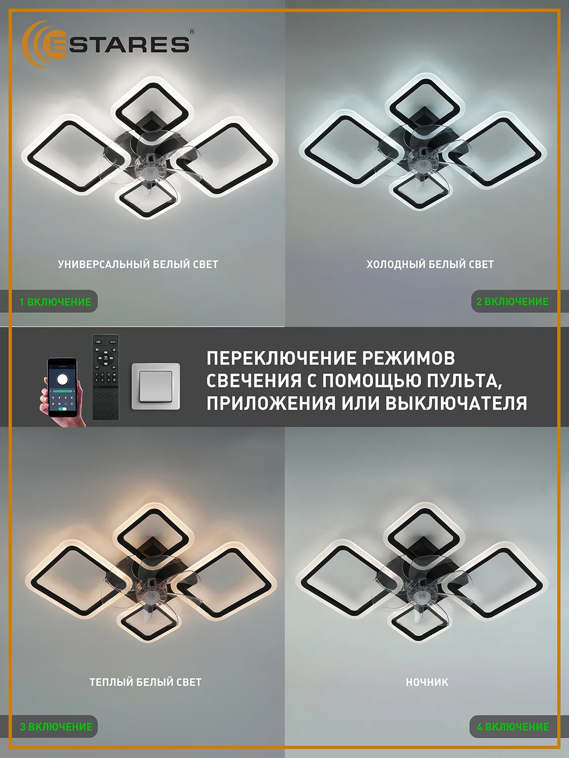 Управляемая потолочная люстра светодиодная с пультом Estares  FAN OVAL 70W+18W черная