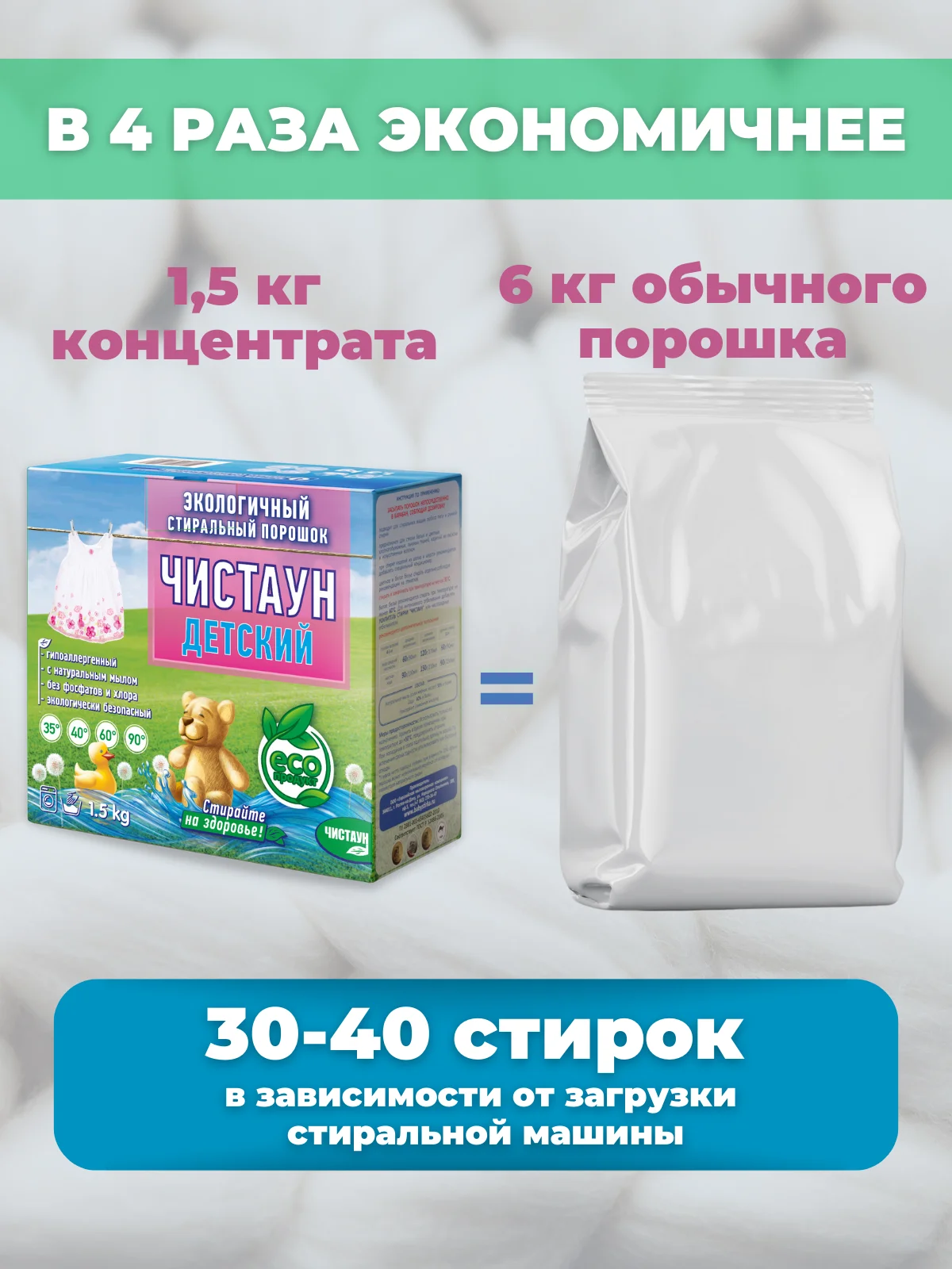 Экологичный гипоаллергенный стиральный порошок Чистаун Детский без запаха, автомат, 1,5 кг