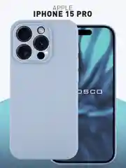 Светло-синий чехол и стекло для Apple iPhone 15 Pro силиконовый ROSCO матовый тонкий с защитой камер