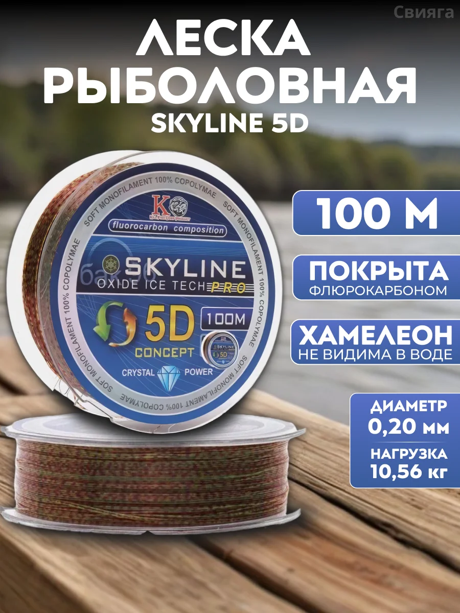 Леска рыболовная Skyline 5D, флюрокарбон, монофильная, прозрачная, для зимней рыбалки