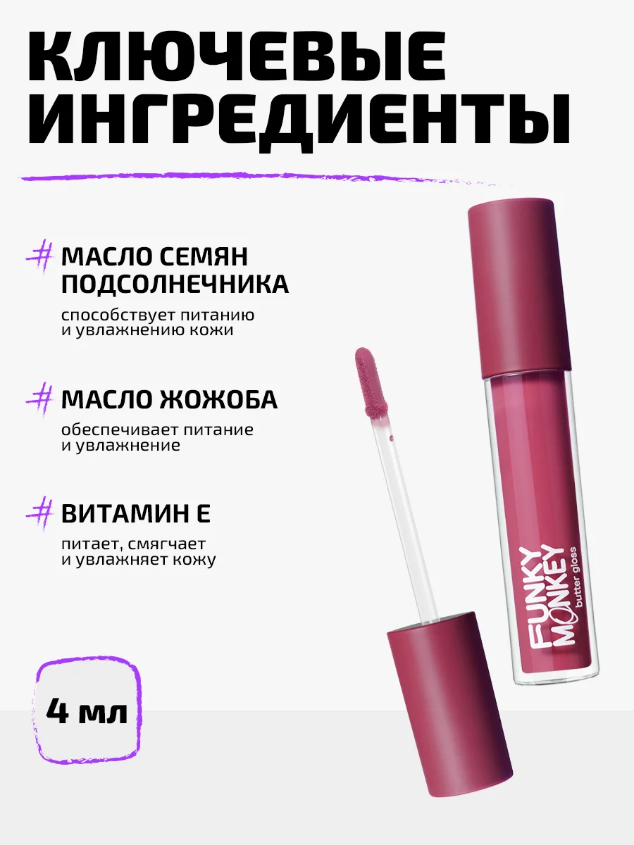 Блеск - баттер для губ Funky Monkey Butter gloss, Тон 04 ягодная фуксия