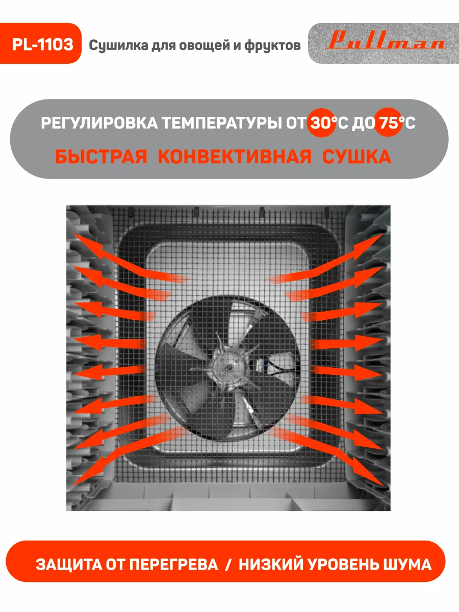Белый сушилка для овощей и фруктов Pullman PL-1103, 9 уровней, 18 поддонов