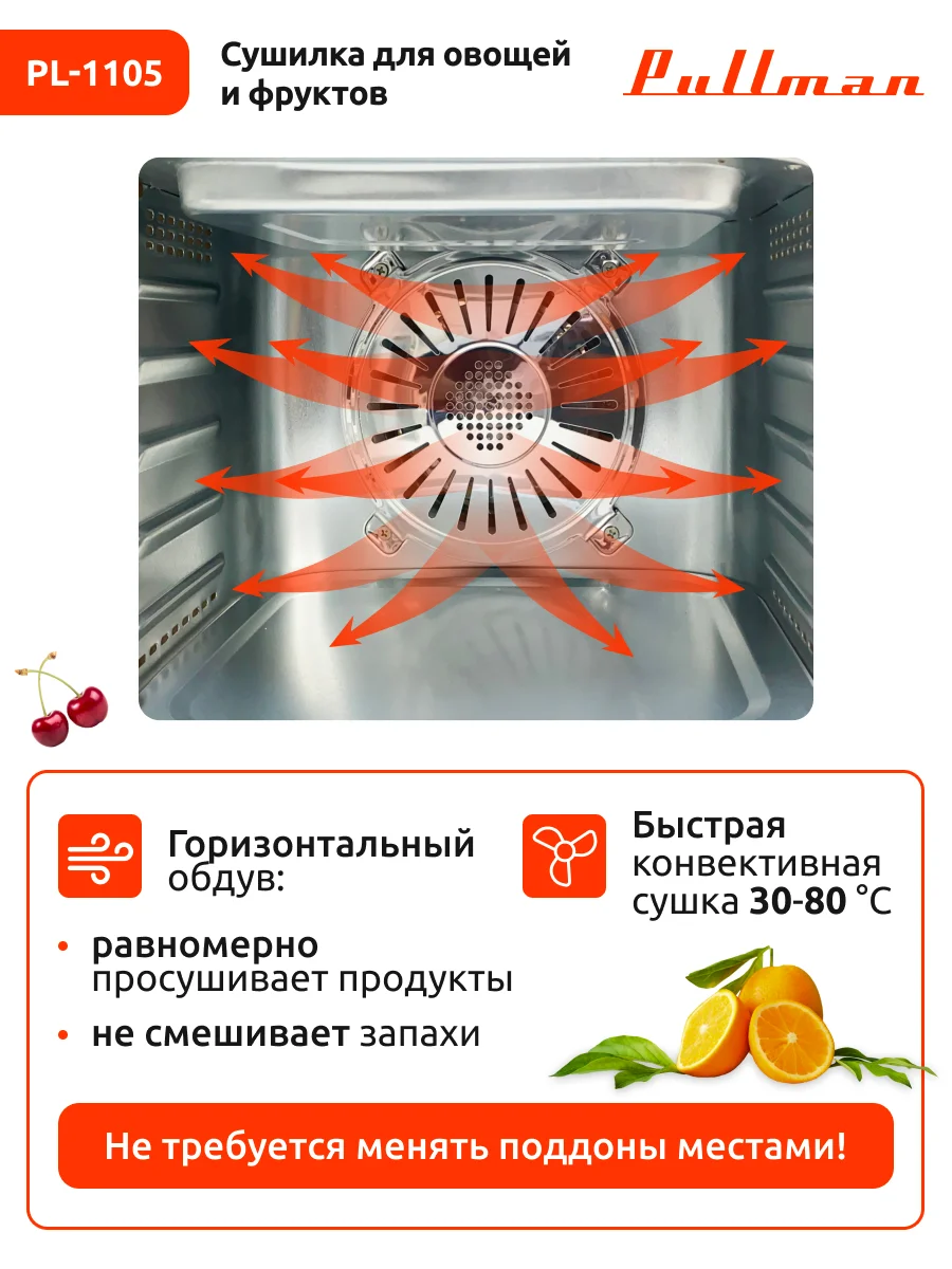 Белый сушилка для овощей и фруктов Pullman PL-1105, 5 уровней, 11 поддонов