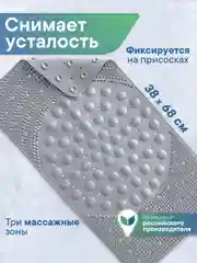 Серый коврик для ванны на присосках "Лужайка" 38х68 см, ВИЛИНА