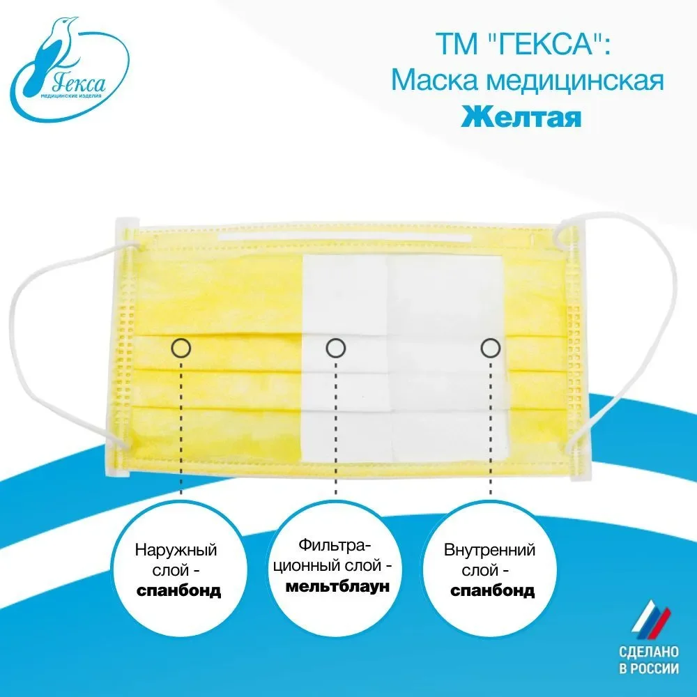 Маски медицинские Гекса желтые 100 шт
