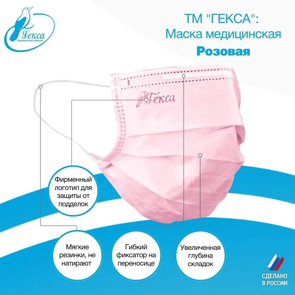 Маски медицинские Гекса розовые 100 шт