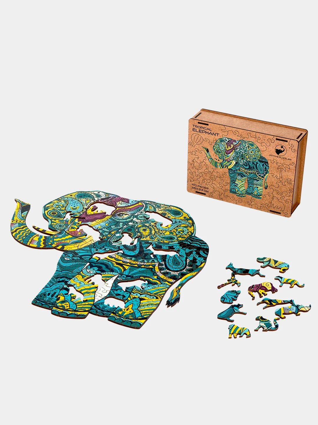 Деревянный фигурный пазл Active Puzzles "Тропический слон", 38х33 см, 190 деталей