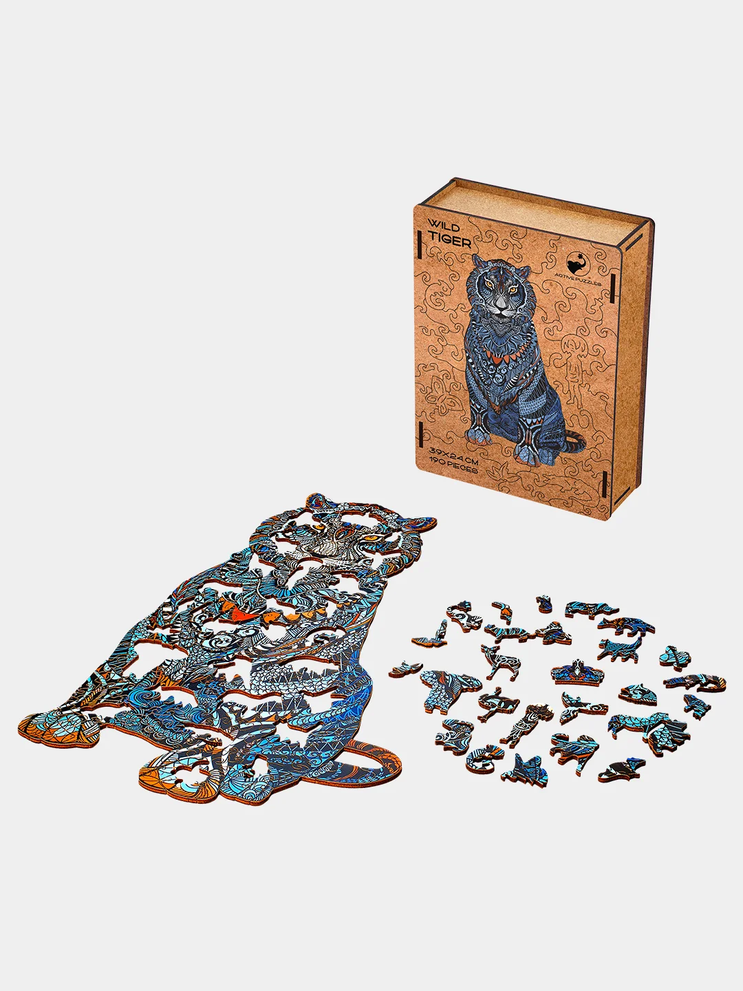 Деревянный фигурный пазл Active Puzzles "Дикий тигр (синий)", 39х24 см, 190 деталей