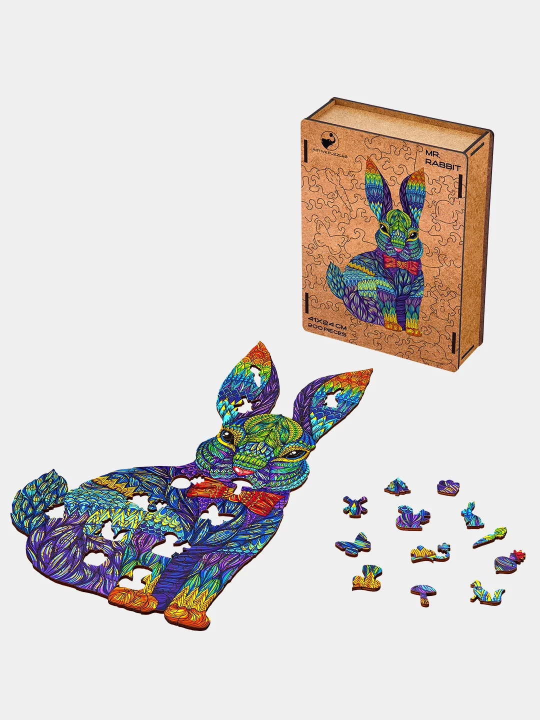 Деревянный фигурный пазл Active Puzzles "Мистер кролик (цветной)", 41х24 см, 200 деталей