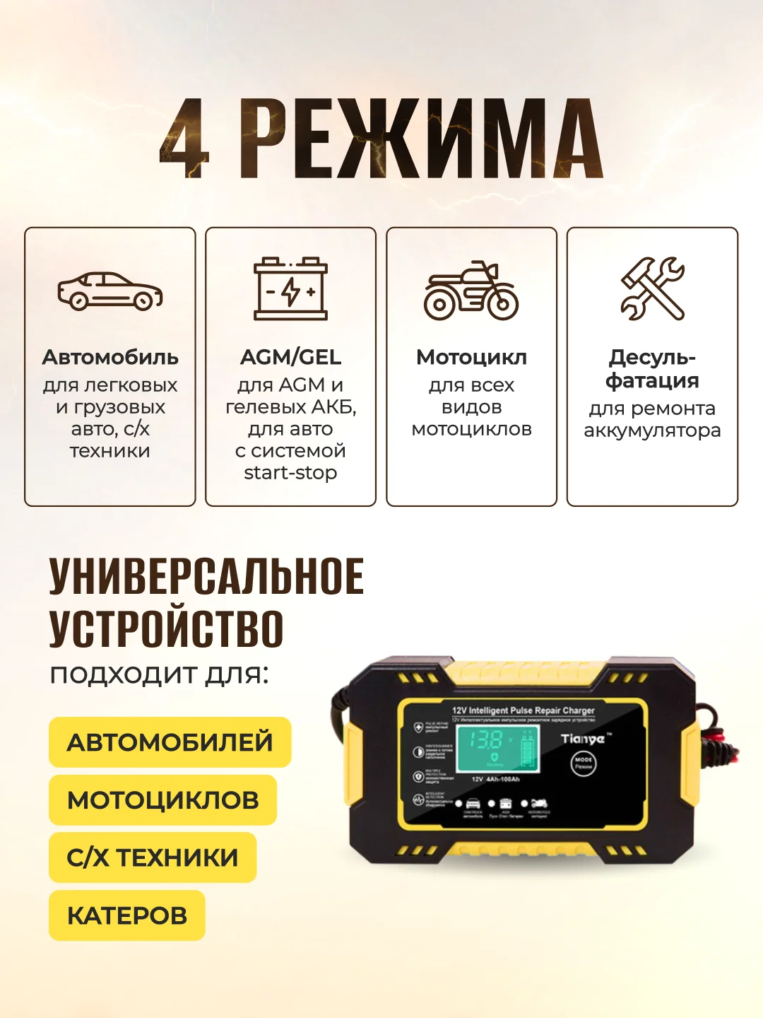Желтый автомобильное зарядное устройство 12В 6А, зарядка для АКБ, автомобильный зарядник