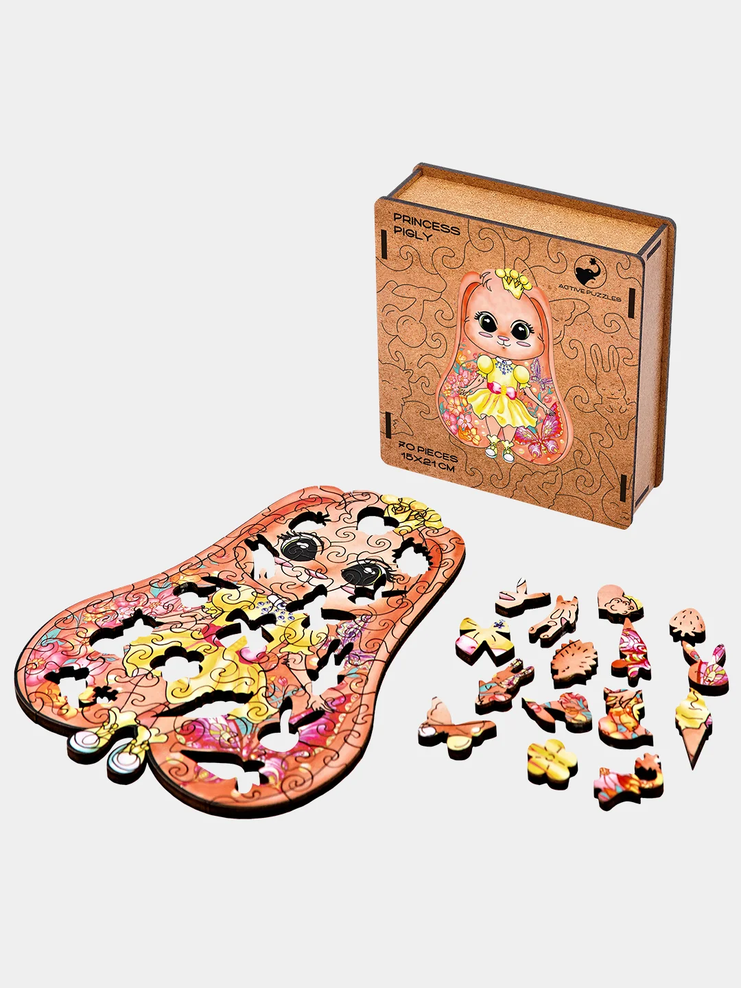 Деревянный фигурный пазл Active Puzzles "Зайка Принцесса", 15х21 см, 70 деталей