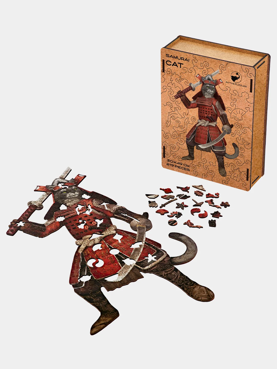 Деревянный фигурный пазл Active Puzzles "Кот Самурай", 30х49 см, 219 детали